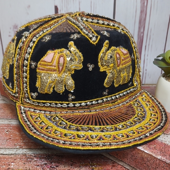 Vtg Kalaga Embroidered Elephant Tapestry Cap Beaded Sequin Black Velvet Mynamar - Picture 13 of 16